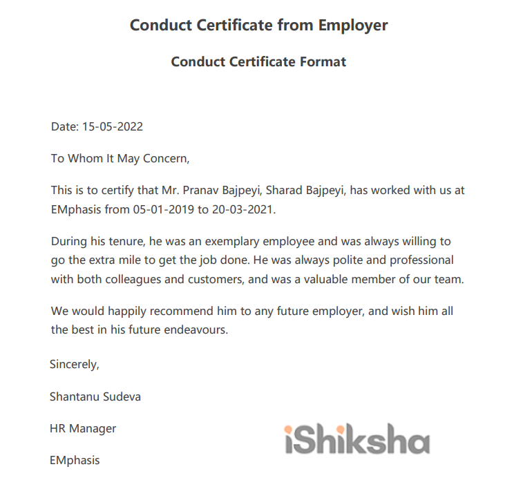 Conduct Certificate from Employer