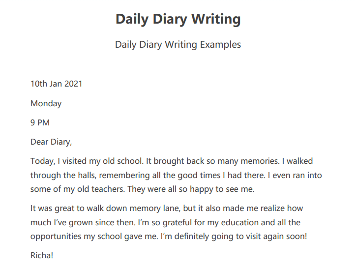 Daily Diary Writing Example 1