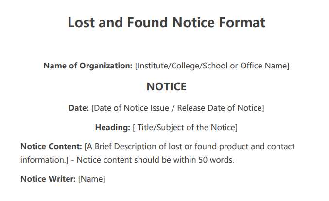 Lost and Found Notice Format