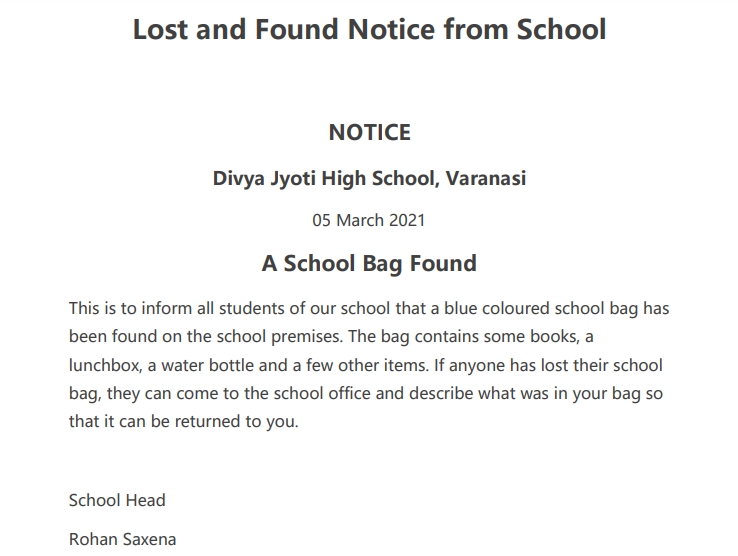 Lost and Found Notice from School