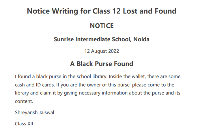 Notice Writing for Class 12 Lost and Found