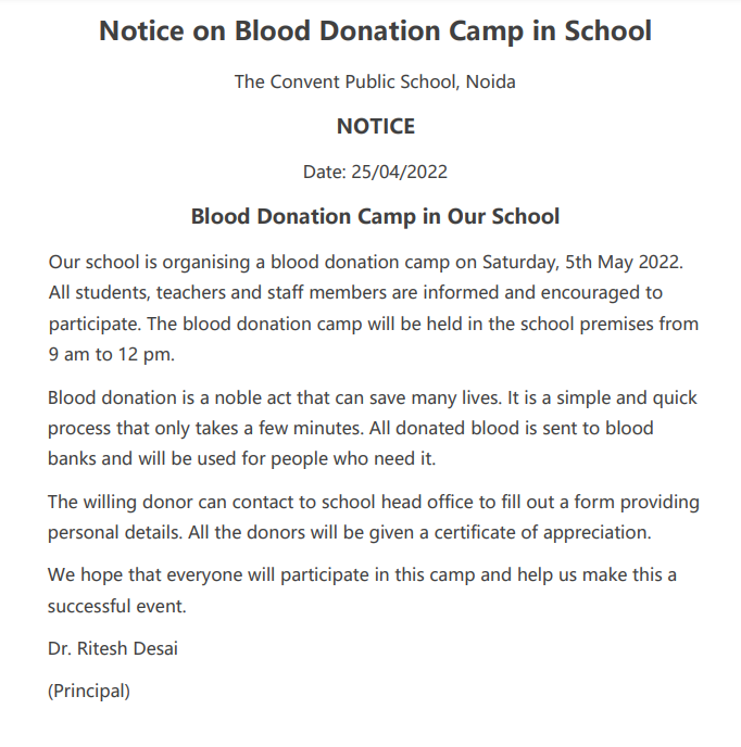 Notice on Blood Donation Camp in School