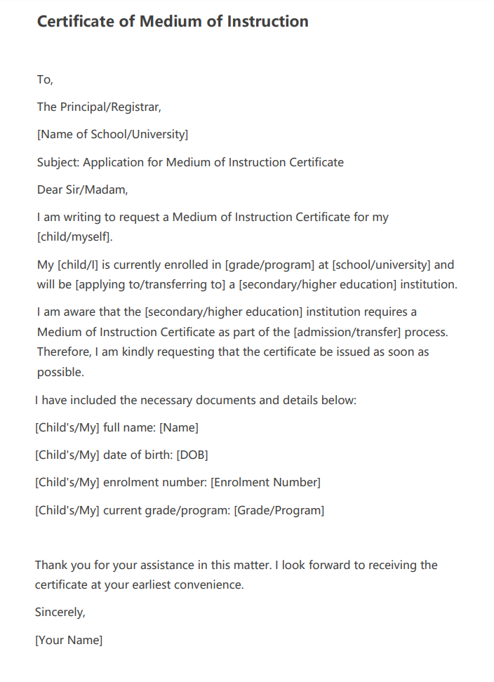 Medium of Instruction Certificate Format